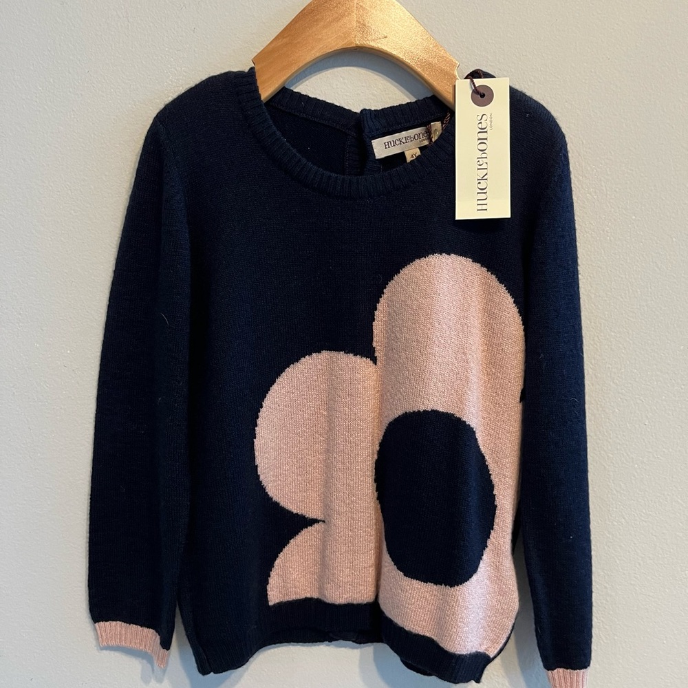 NWT Hucklebones of London Blush and Navy Merino Wool Flower Sweater size 4